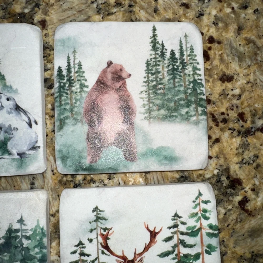 Vintage Forest Wildlife Ceramic Coaster Set - Bear, Elk, Fox, Rabbit